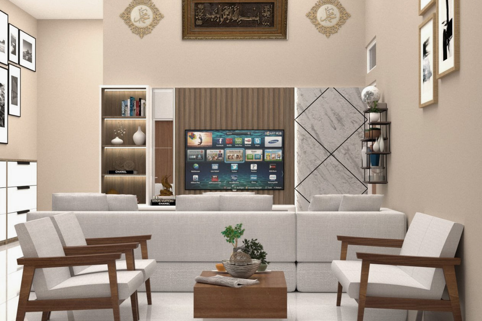 Ilustrasi rumah modern, mobil biru, kursi, ponsel dan paket sebagai ragam kategori iklan